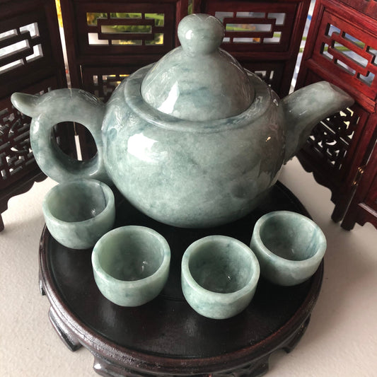 SALE: Grade A Green Float Flowers Teapot Cup Set Jadeite Jade Display Figurine