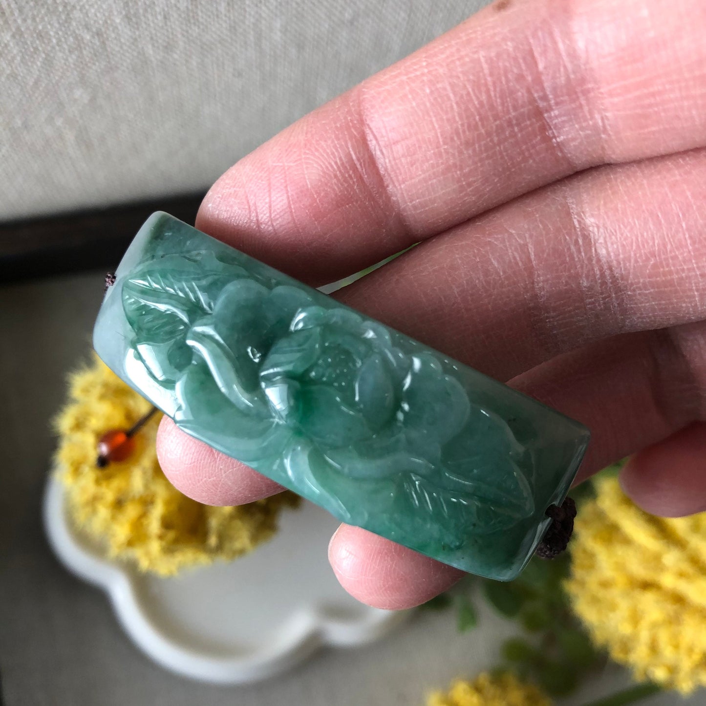 51.7mm Grade A Green Carved Flower Jadeite Jade Rope Bracelet