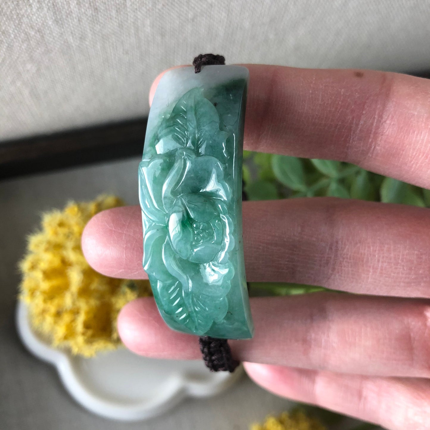 51.7mm Grade A Green Carved Flower Jadeite Jade Rope Bracelet