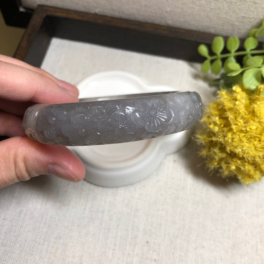 56mm Grade A Carved Icy Smoky Lavender Flowers Hetian Jade Bangle RARE