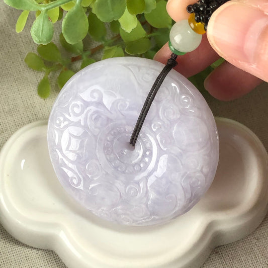 51 mm Grade Icy Light Lavender Jadeite Jade Carved Peace Donut Pendant