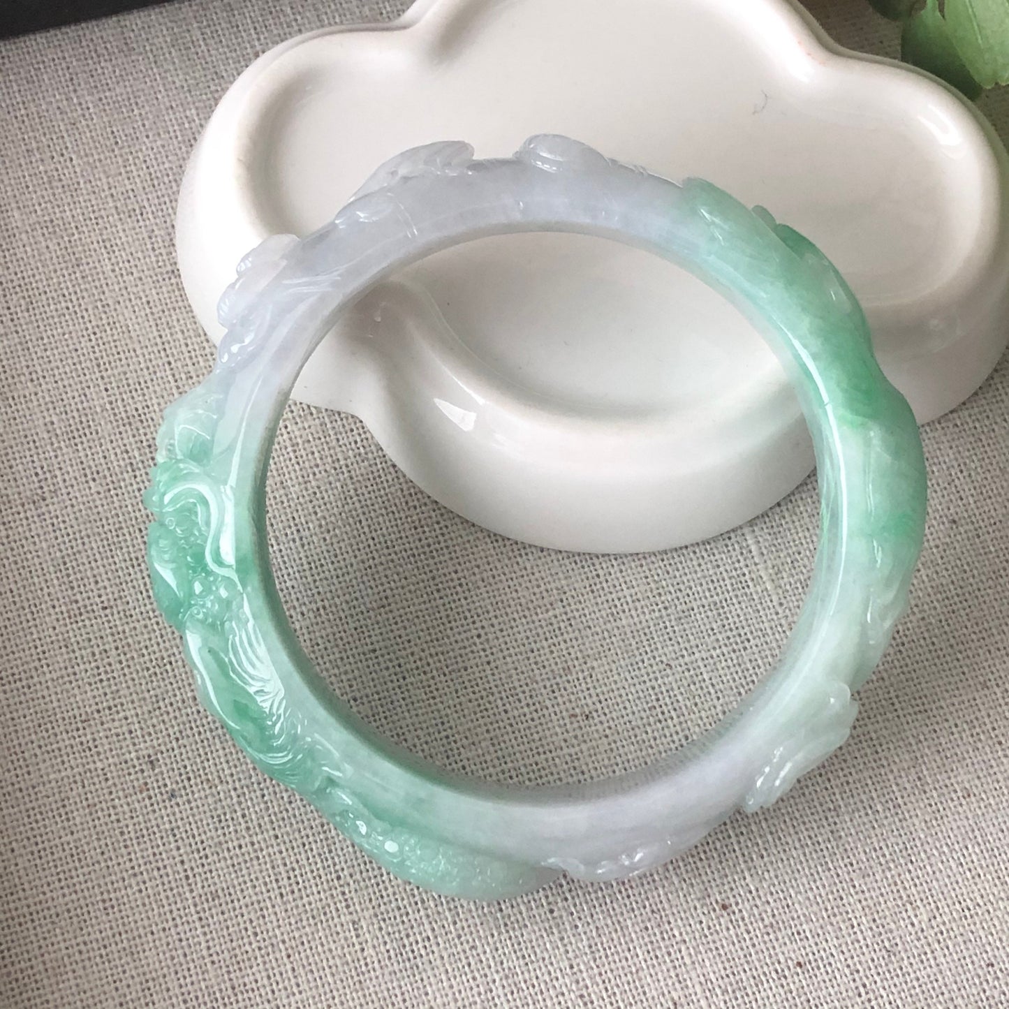 SALE: 55mm Grade A Carved Icy Yang Green Dragone Phoenix Jadeite Jade Bangle RARE