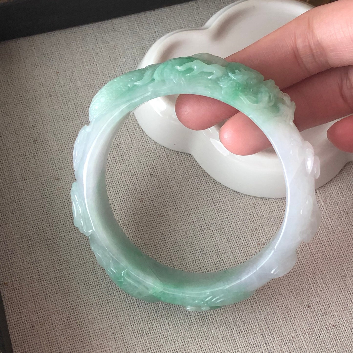SALE: 55mm Grade A Carved Icy Yang Green Dragone Phoenix Jadeite Jade Bangle RARE
