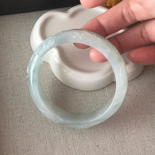 55mm Grade A Carved Icy Green Ruyi Pattern Jadeite Jade Bangle RARE