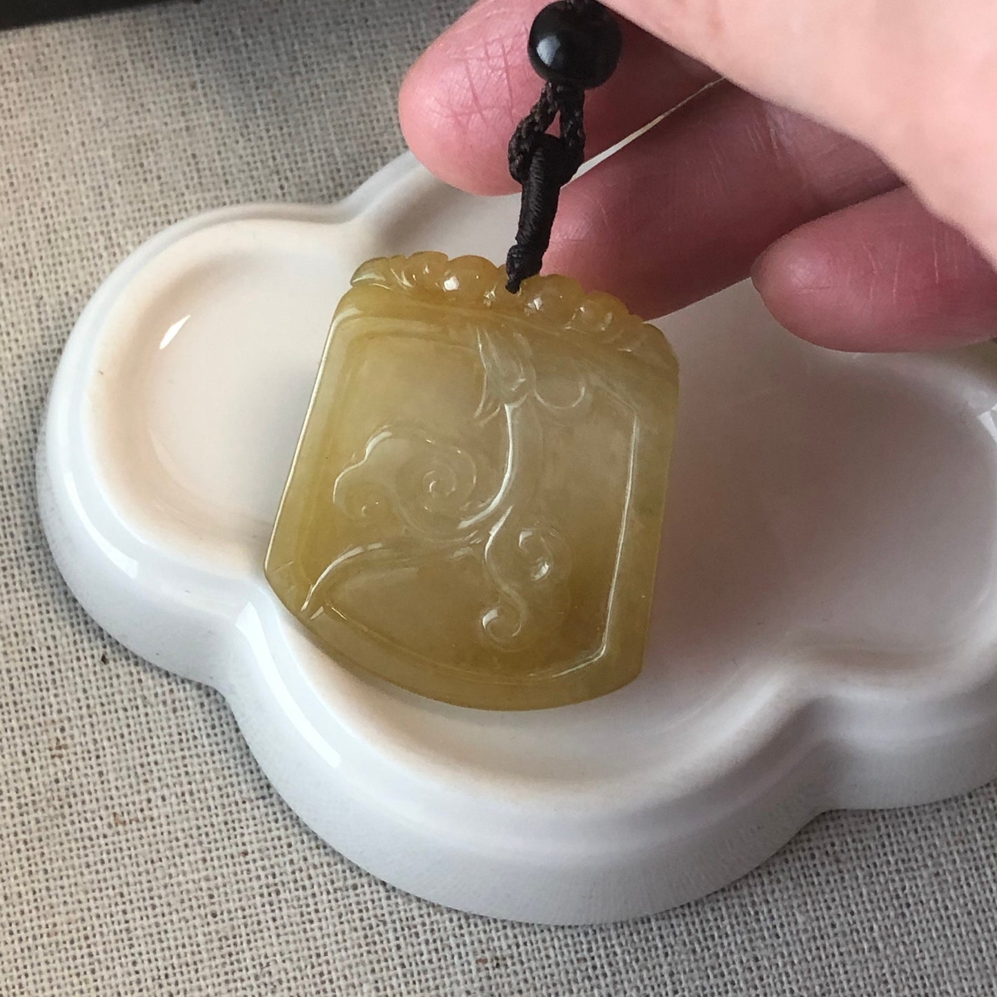 35.8mm Icy Yellow Carved Asian Characters Ruyi Jade Jadeite Pendant