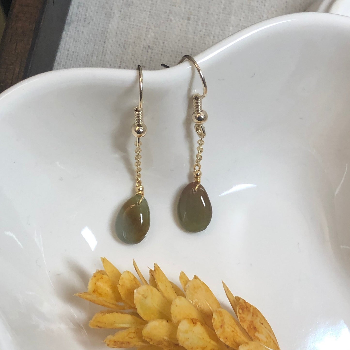 14K Grade A Jadeite Earthy Yellow Brown Dainty Drop Dangling Earrings
