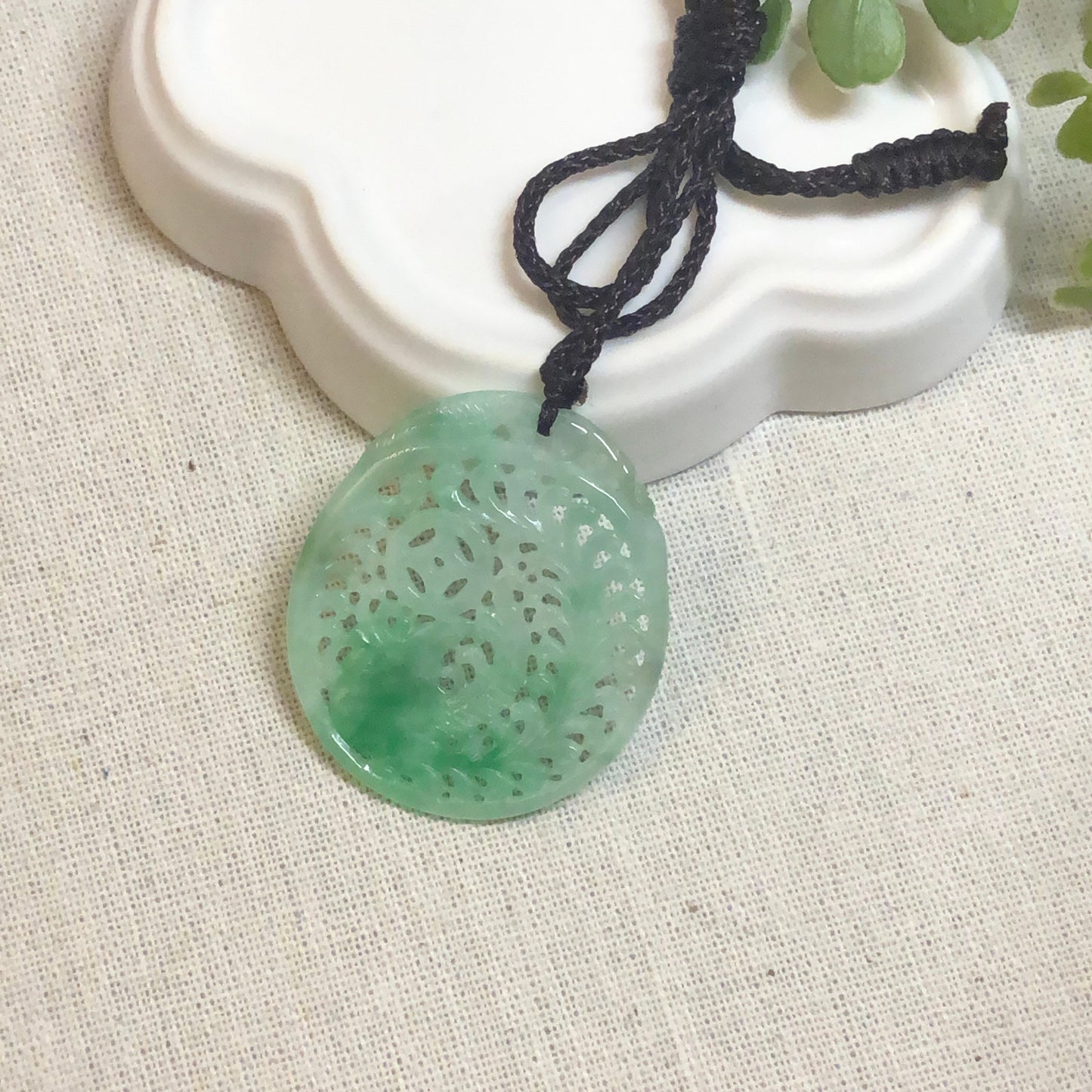 40mm Green Moss Carved Coin Leaf Jade Jadeite Pendant