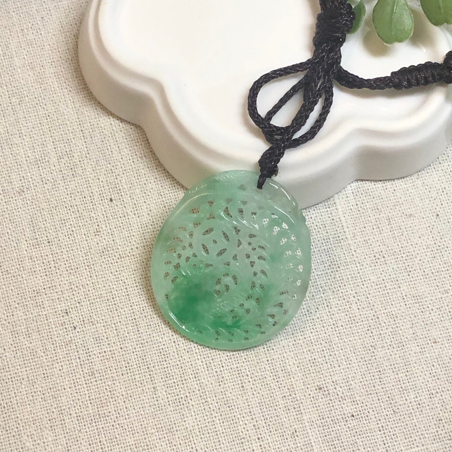 40mm Green Moss Carved Coin Leaf Jade Jadeite Pendant