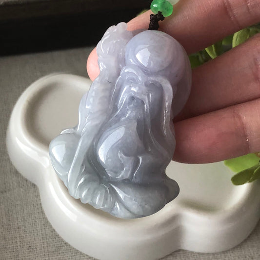 46.4mm Grade A Icy Light Lavender Fine Longevity God Jadeite Jade Carved Pendant
