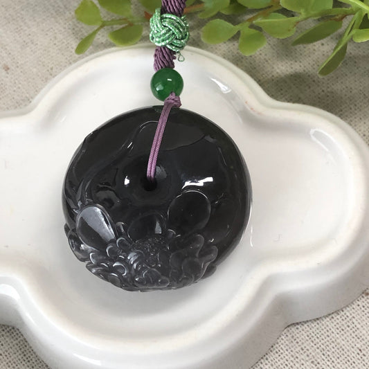 33.5 mm Grade A Hetian Nephrite Jade Imperial Lavender Carved Flower Pendant