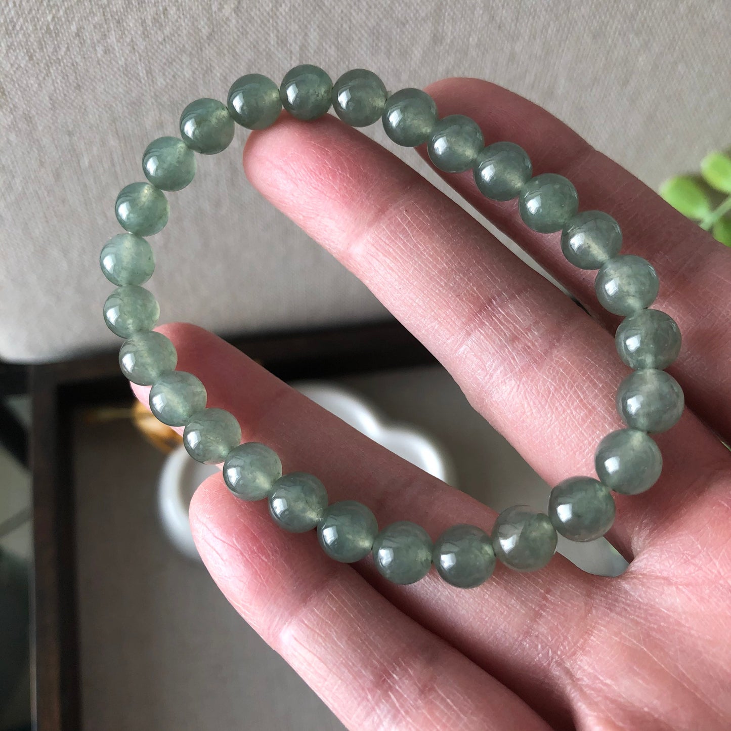 7mm Jade Jadeite Icy Tea Green Glossy  Round Bead Bracelet 27pcs.