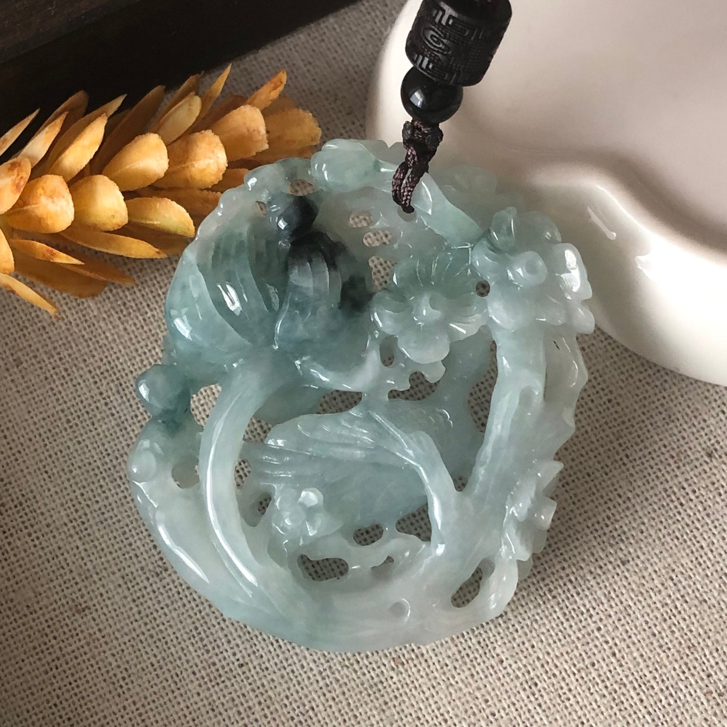 54mm Jadeite Jade Green 3D Carved Bird of Paradise Flowers Pendant RARE