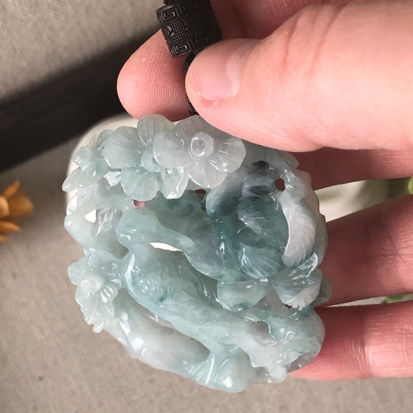 54mm Jadeite Jade Green 3D Carved Bird of Paradise Flowers Pendant RARE