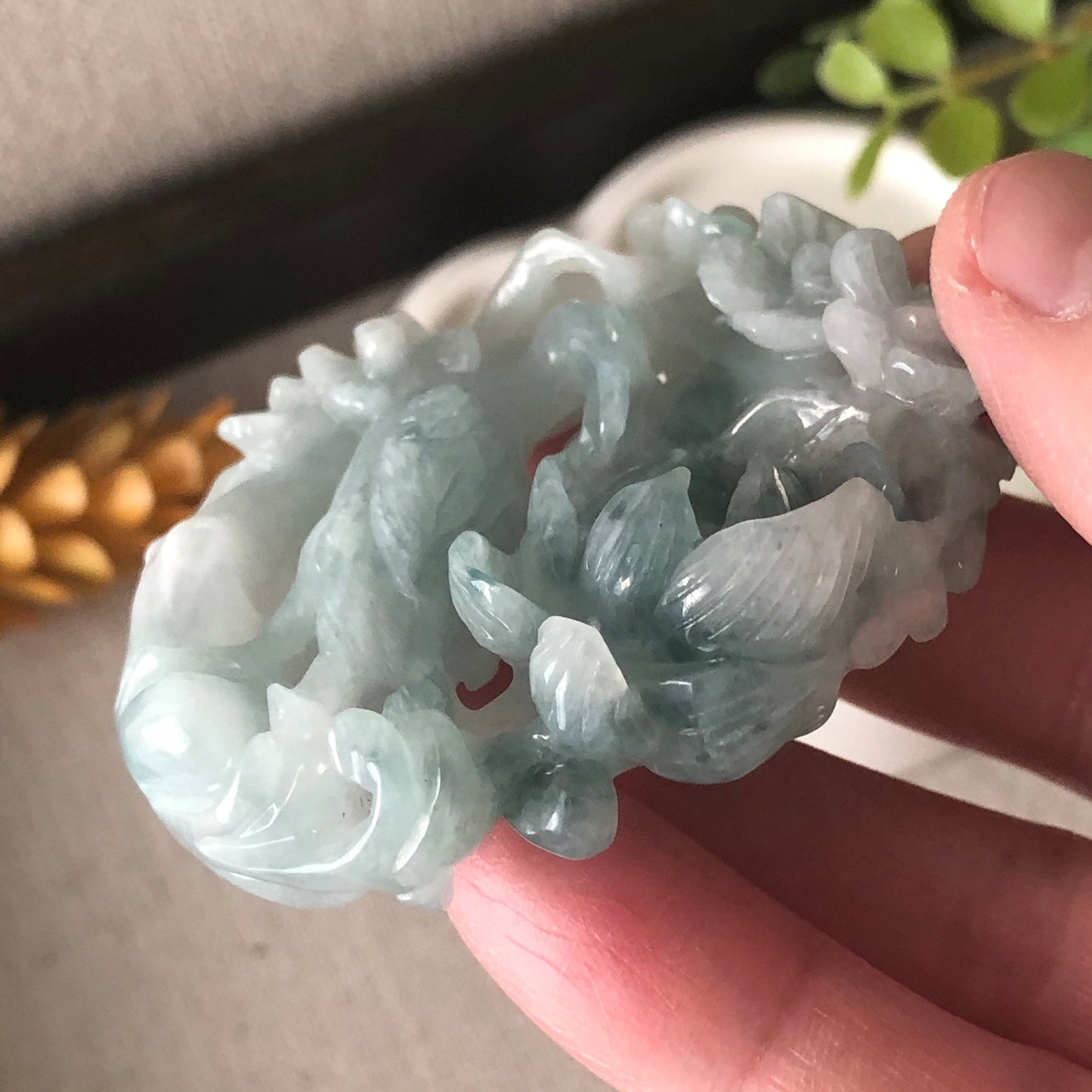 54mm Jadeite Jade Green 3D Carved Bird of Paradise Flowers Pendant RARE