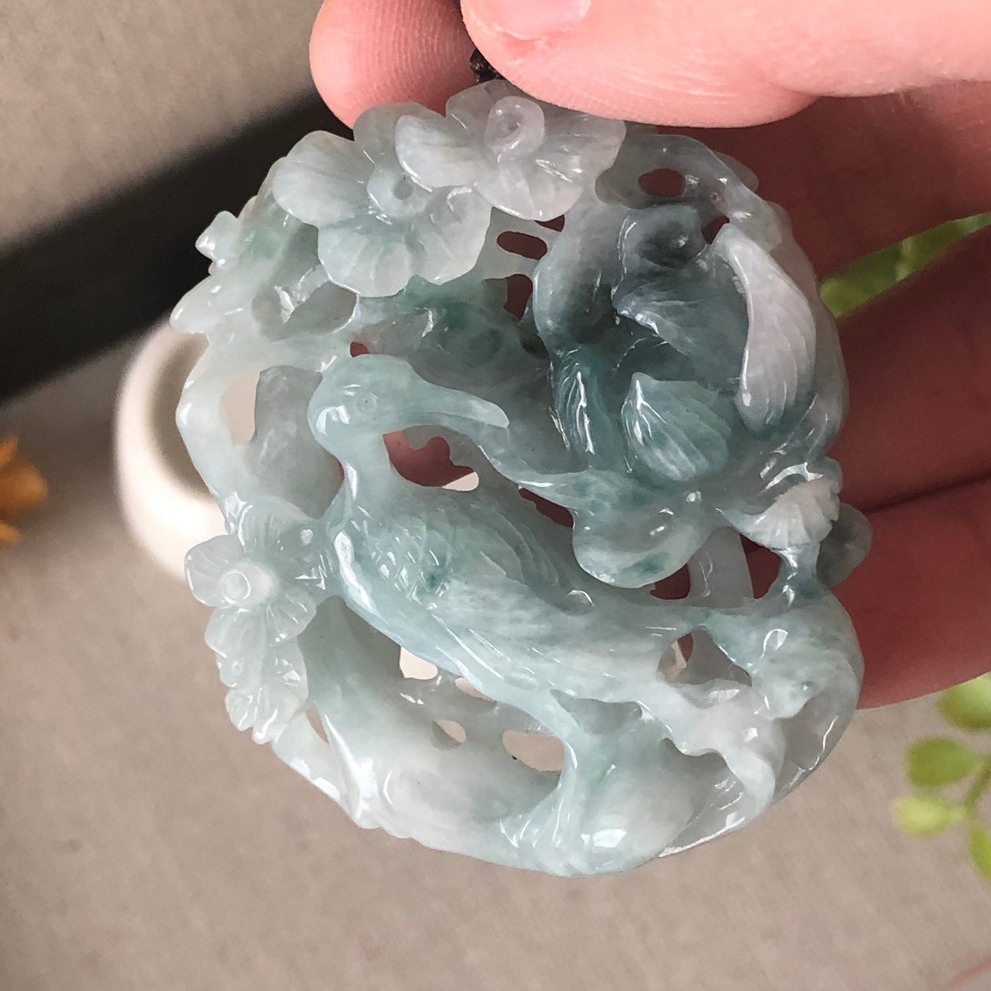 54mm Jadeite Jade Green 3D Carved Bird of Paradise Flowers Pendant RARE