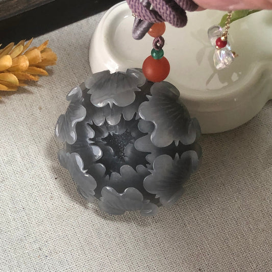 53.6 mm Grade A Hetian Nephrite Jade Smoky Lavender Carved Flower Pendant