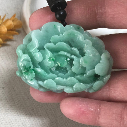 50.7mm Jadeite Jade Green 3D Carved Peony Flowers Pendant RARE