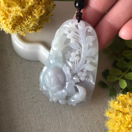 66mm Jadeite Jade Icy Glutinous Carved Flower Bird Landscape Pendant