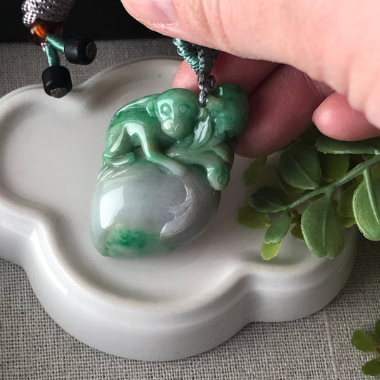 44.6mm Grade A carved yang green monkey peach Jadeite Jade Pendant