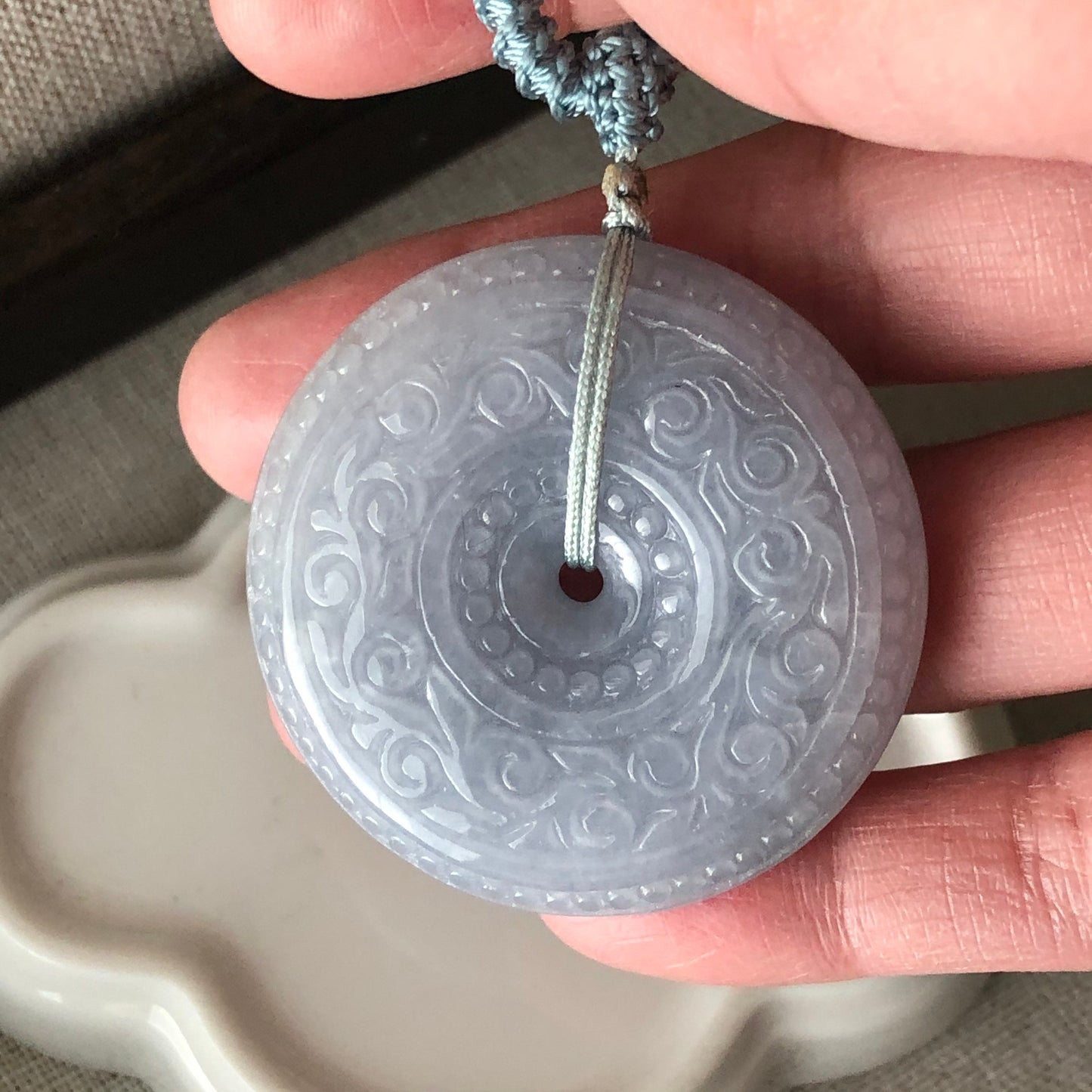 42.3mm Jadeite Jade Icy Light Blue Lavender Carved Peace Donut Pendant