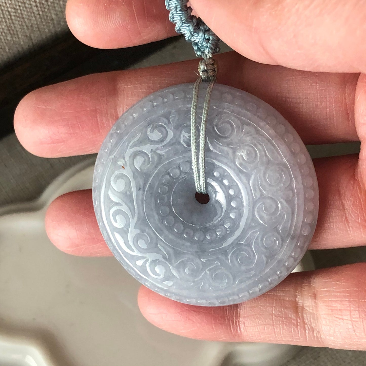 42.3mm Jadeite Jade Icy Light Blue Lavender Carved Peace Donut Pendant