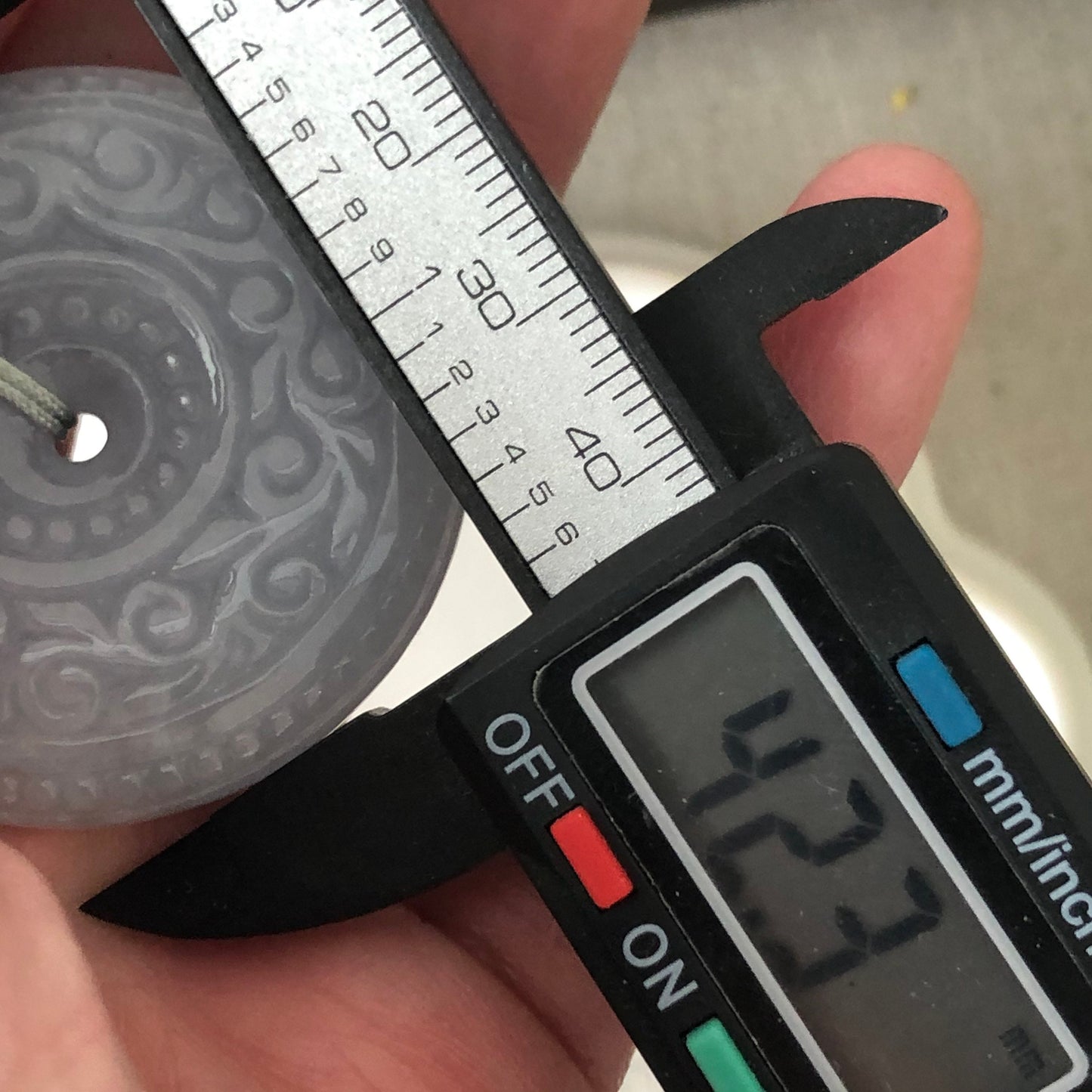 42.3mm Jadeite Jade Icy Light Blue Lavender Carved Peace Donut Pendant