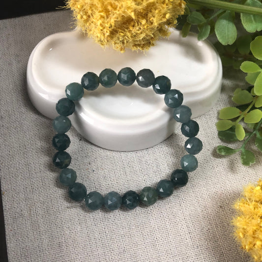 7.7 mm Diamond Cut Blue Green Jadeite Jade Bead Bracelet 7.7 mm x 23 pcs.