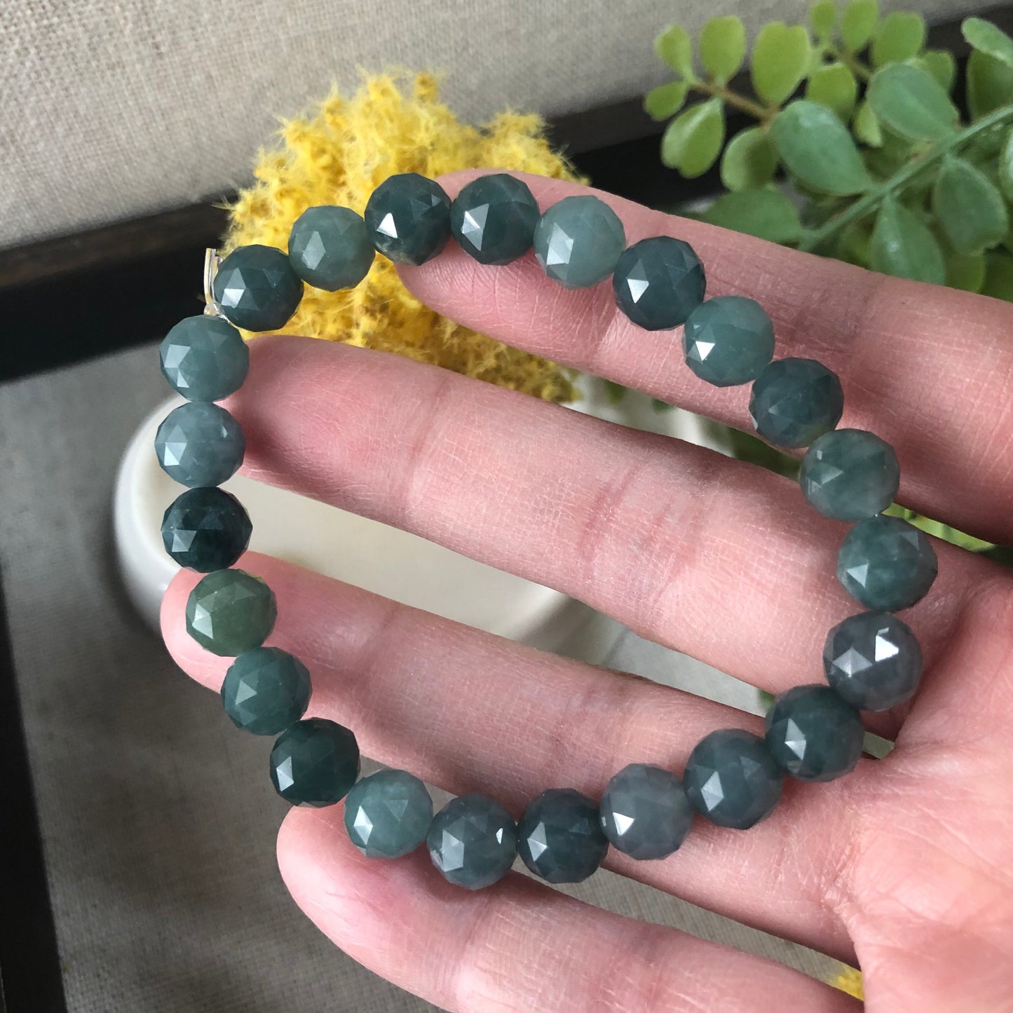 7.7 mm Diamond Cut Blue Green Jadeite Jade Bead Bracelet 7.7 mm x 23 pcs.