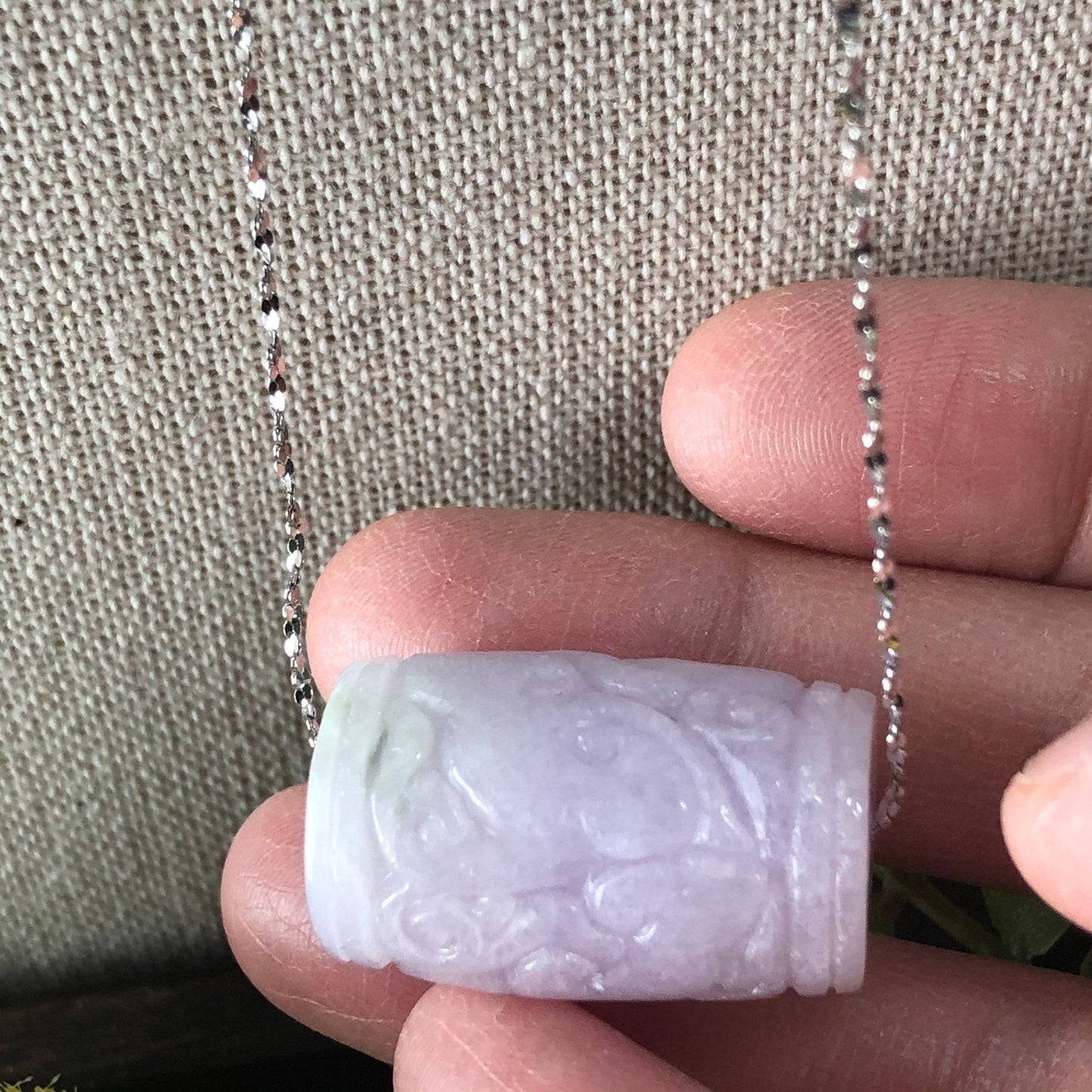 26.6mm Jadeite Jade Carved Asian Pattern Barrel Lavender Pendant Bead 925 necklace