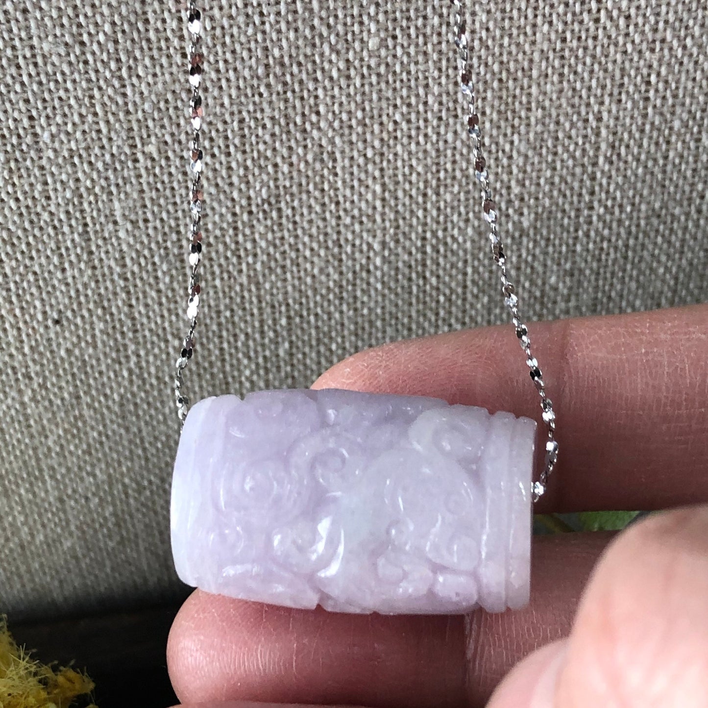 26.6mm Jadeite Jade Carved Asian Pattern Barrel Lavender Pendant Bead 925 necklace