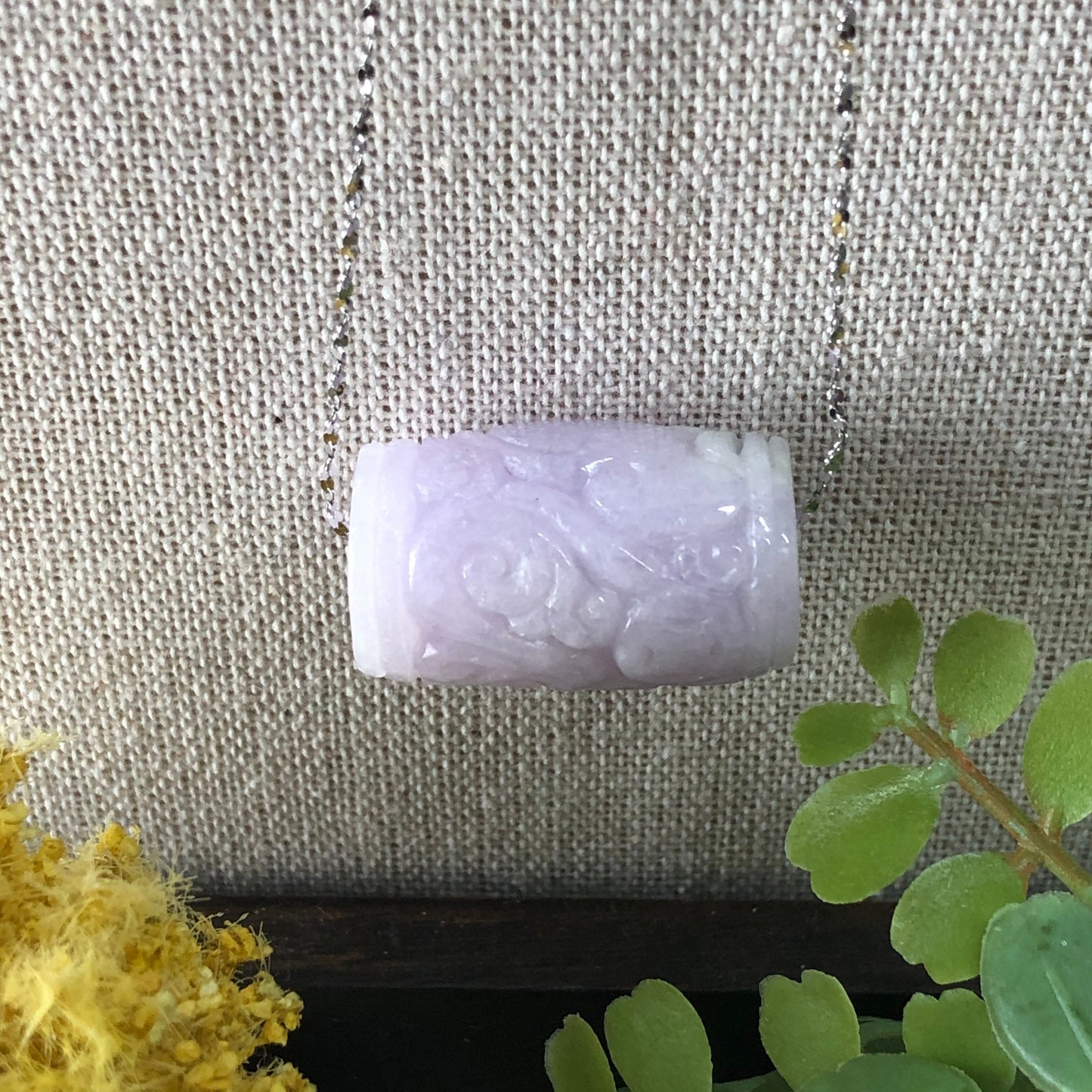 26.6mm Jadeite Jade Carved Asian Pattern Barrel Lavender Pendant Bead 925 necklace