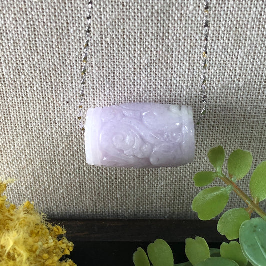 26.6mm Jadeite Jade Carved Asian Pattern Barrel Lavender Pendant Bead 925 necklace