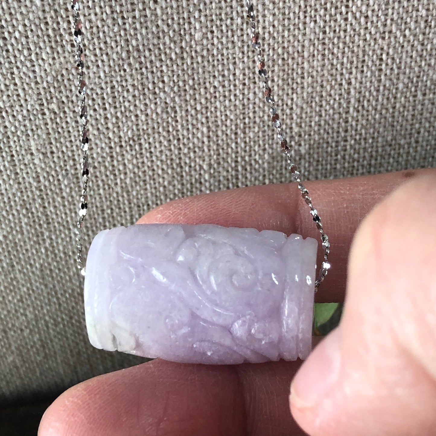 26.6mm Jadeite Jade Carved Asian Pattern Barrel Lavender Pendant Bead 925 necklace