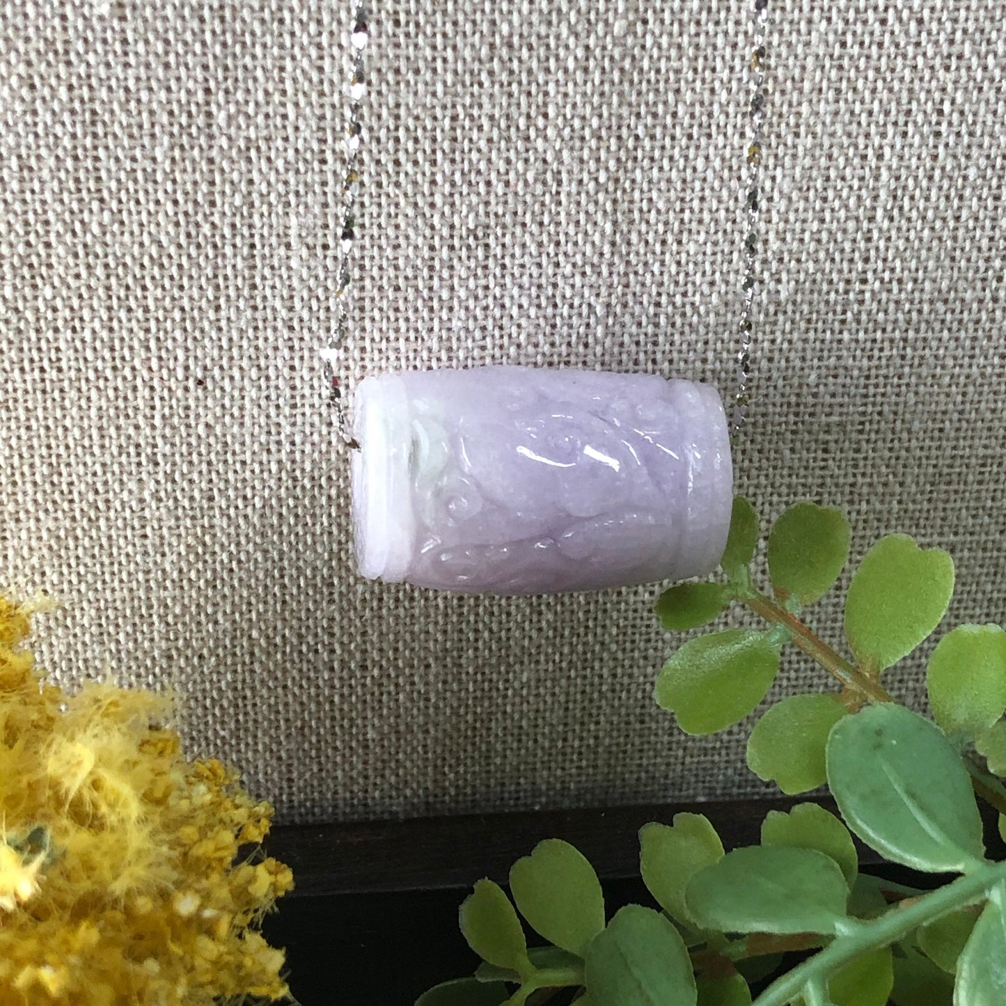 26.6mm Jadeite Jade Carved Asian Pattern Barrel Lavender Pendant Bead 925 necklace