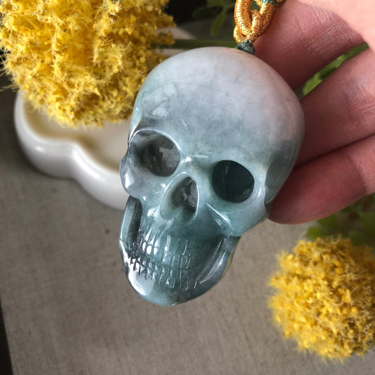 55.8mm Carved Green Jadeite Jade 3D Skeletal Head Pendant with Neck Rope Tie