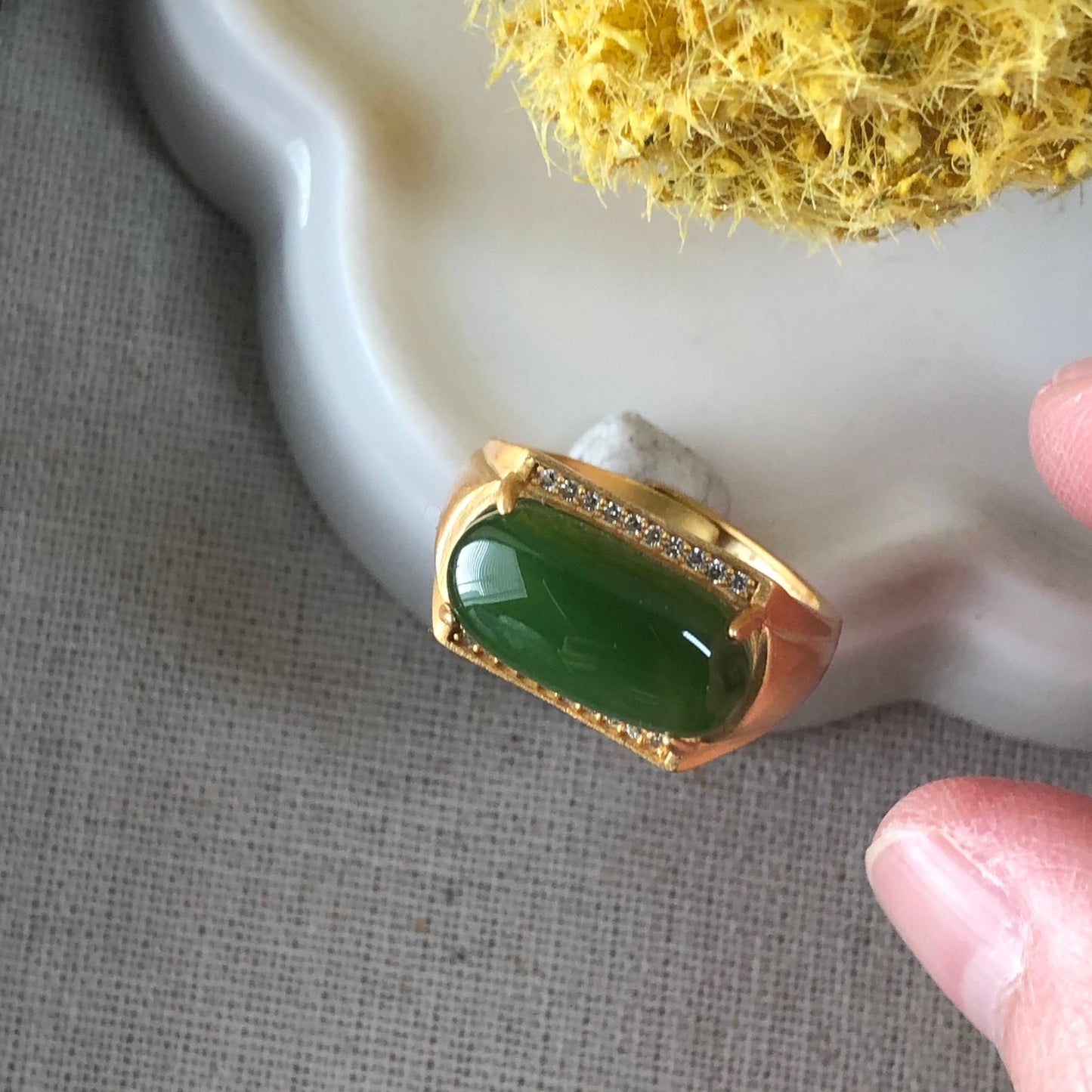 NEW Grade A Green Horse Eye Hetian Jade Ring 925S sterling gold silver One Size