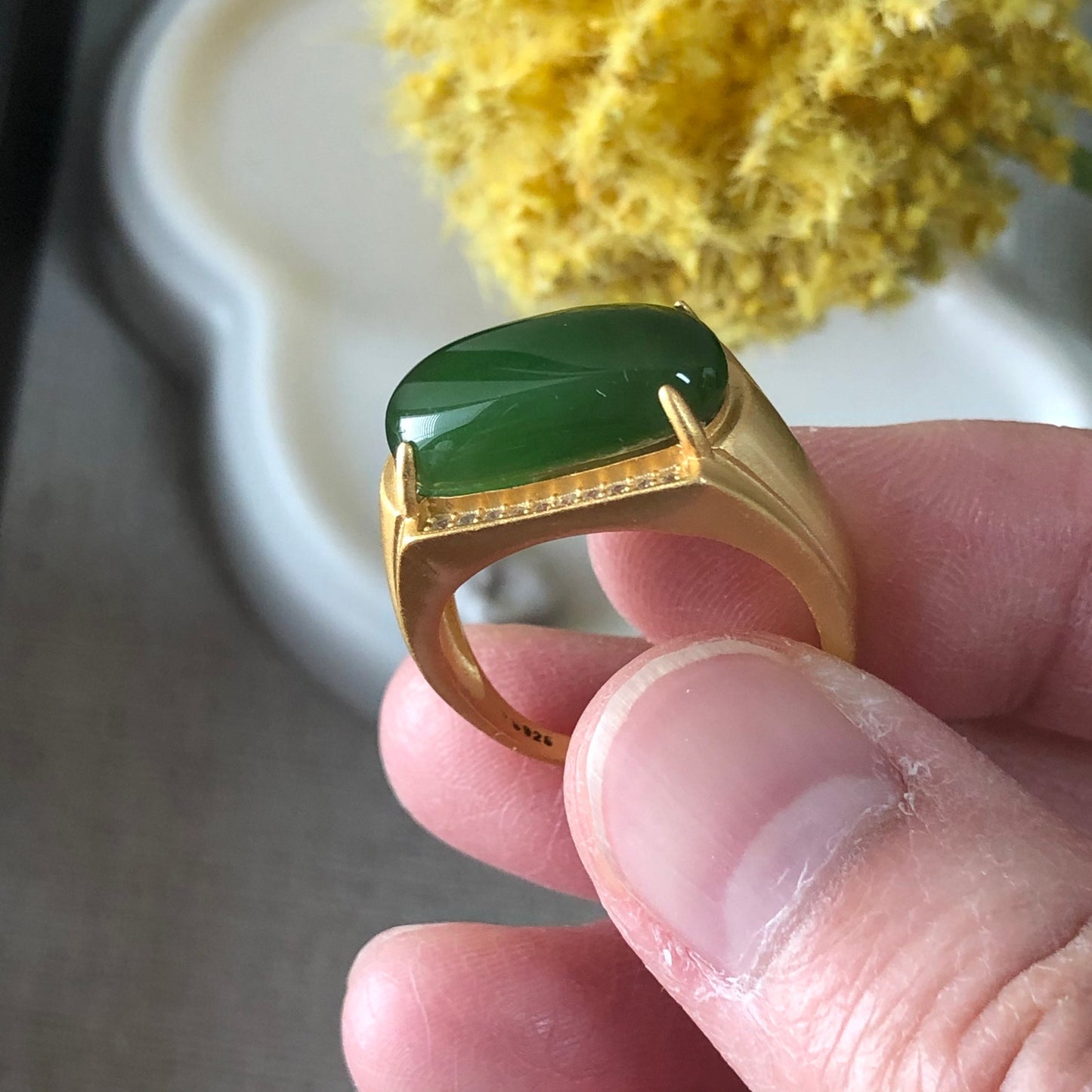NEW Grade A Green Horse Eye Hetian Jade Ring 925S sterling gold silver One Size