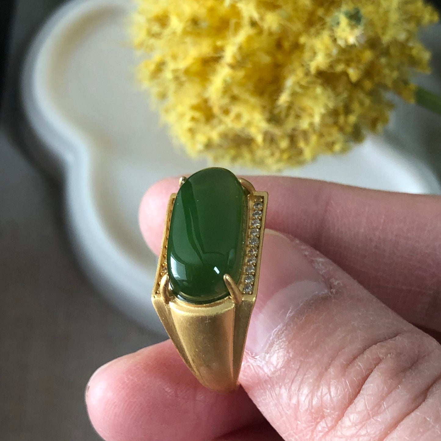 NEW Grade A Green Horse Eye Hetian Jade Ring 925S sterling gold silver One Size
