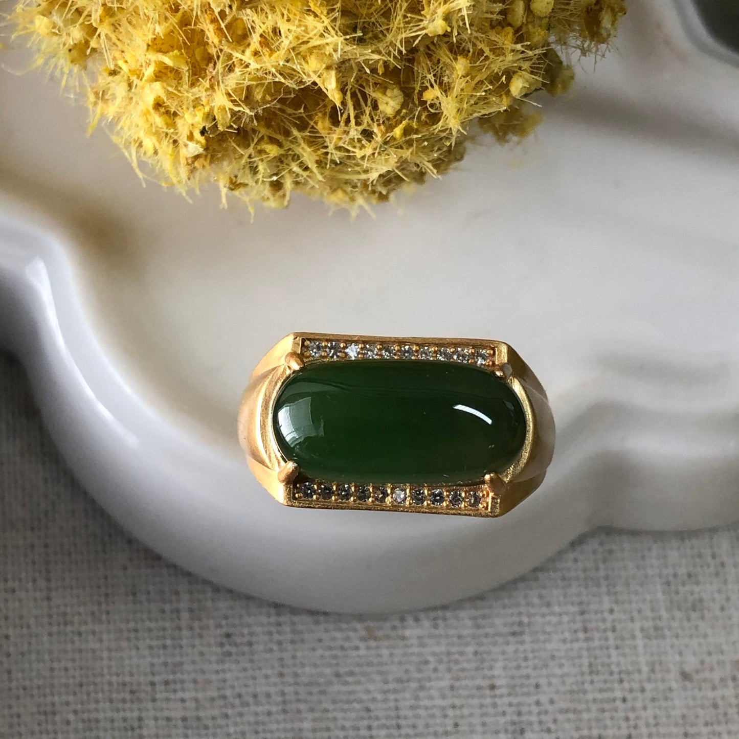 NEW Grade A Green Horse Eye Hetian Jade Ring 925S sterling gold silver One Size