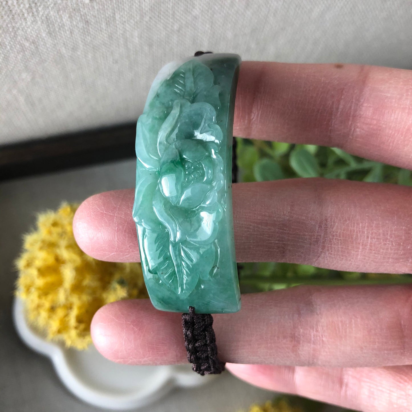 51.7mm Grade A Green Carved Flower Jadeite Jade Rope Bracelet