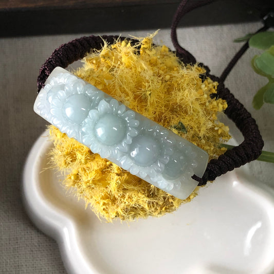 47.6mm Grade A Light Sky Blue Carved SunFlower Jadeite Jade Rope Bracelet