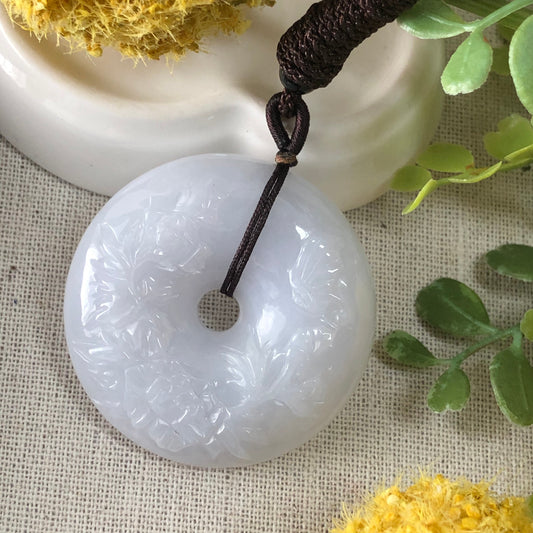 43 mm Grade Icy Jadeite Jade Carved Flower Peace Donut Pendant
