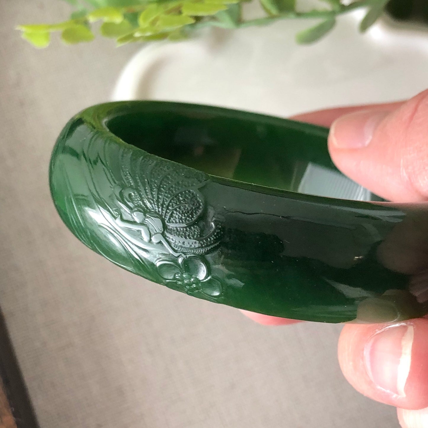 55mm Hetian Jade Imperial Green Embossed Flowers Bangle Collectors Item