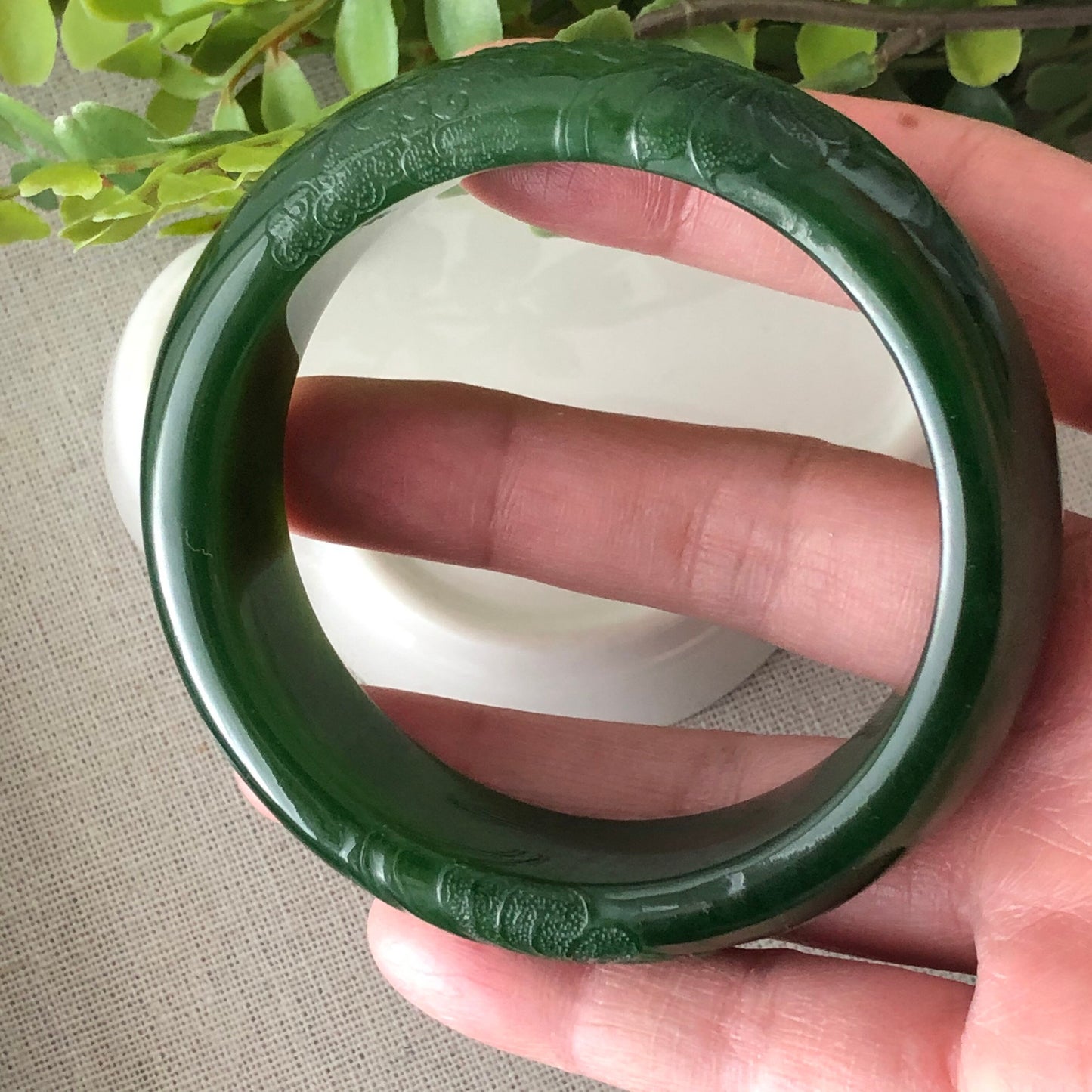 55mm Hetian Jade Imperial Green Embossed Flowers Bangle Collectors Item