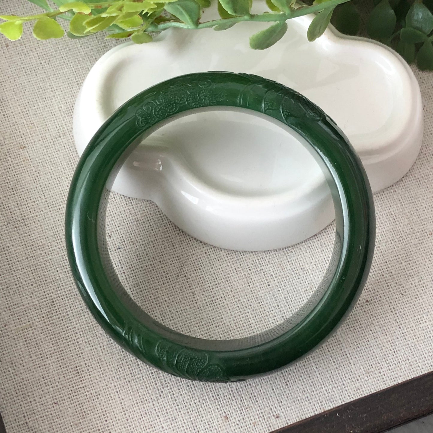 55mm Hetian Jade Imperial Green Embossed Flowers Bangle Collectors Item