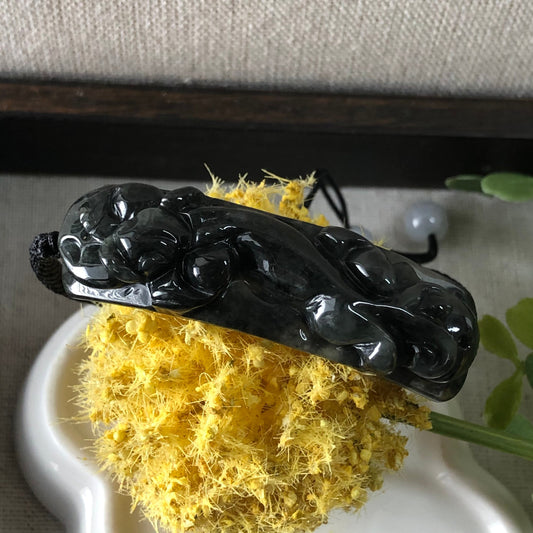 SALE: 50mm Black Wuji Carved Pixiu Jadeite Jade Rope Bracelet