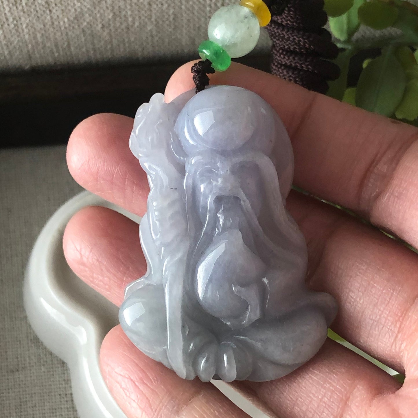46.4mm Grade A Icy Light Lavender Fine Longevity God Jadeite Jade Carved Pendant