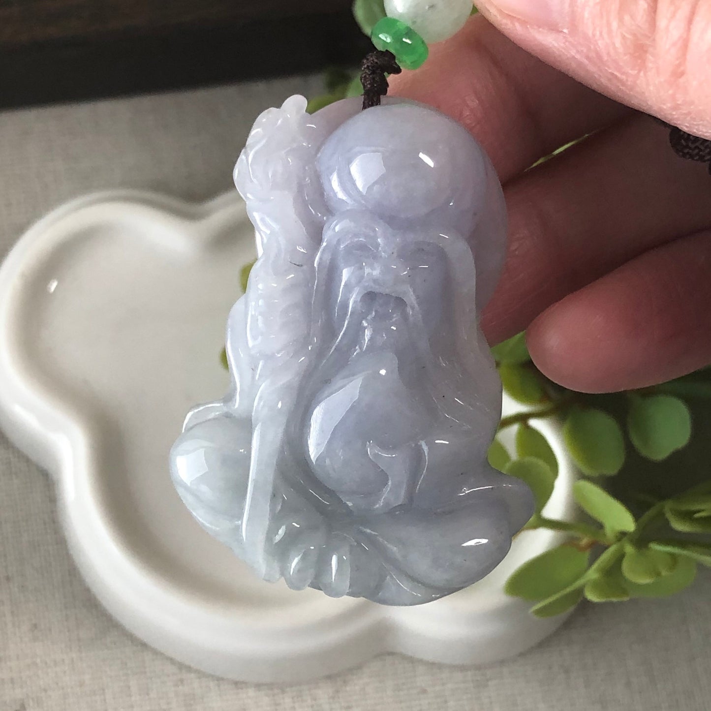 46.4mm Grade A Icy Light Lavender Fine Longevity God Jadeite Jade Carved Pendant