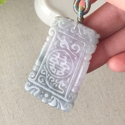 50mm Jadeite Jade Lavender Wuji Carved Double Happiness Pendant