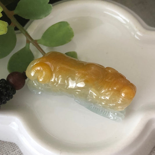 34.9mm Jadeite Jade Icy Yellow Brown Carved Tiger Pendant